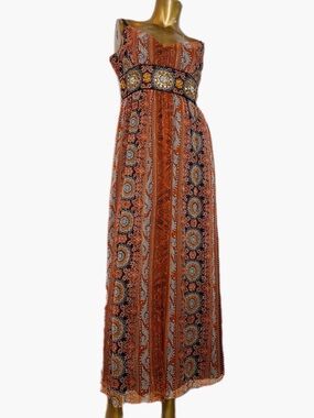 Y2K Spenser Jeremy Sequin/Bead Embellished Silk/Metallic Maxi Dress Paisley , 8
